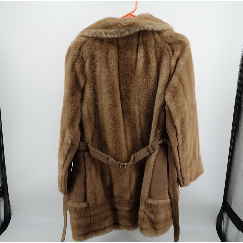 Vintage Furrage Tissavel France Faux Fur Coat Brown Belted Mid Length Jacket - Picture 7 of 8